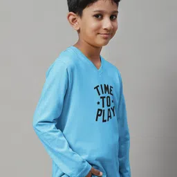 Friskers Boys Turquoise Blue Typography Printed V-Neck Applique T-shirt image 2