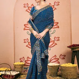 satrani Embellished, Embroidered, Printed Bandhani Chiffon, Lace Saree image 3