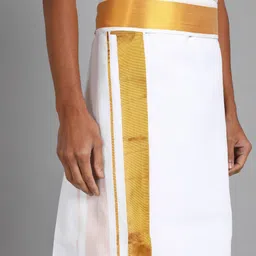Sawariya Clothing White Fancy Golden Stripped Border Lungi Solid, Striped Men Dhoti image 3