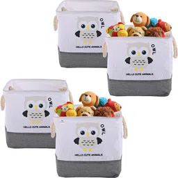 heart home Cotton, Jute Pack of 4 Drawer Storage Basket with Handle | GM-32-GRY | Owl Print - White Storage Basket-picture-18