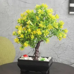 Yellow Plastic And Polyester Blend 3 Branched Greenish Yellow Leaves Bonsai Tree With Pot By Foliyaj image 1