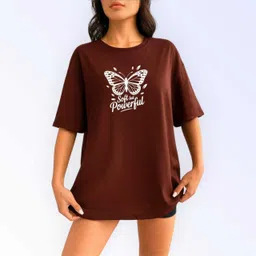 styliicity Women Printed Round Neck Cotton Blend Brown T-Shirt-picture-13