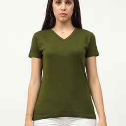 fleximaa Womens V Neck Half Sleeve Tshirt Women Solid Polo Neck Pure Cotton Green T-Shirt-picture-29
