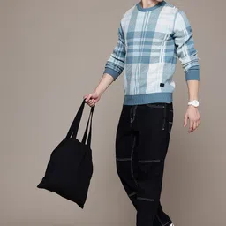 roadster Men Checkered Round Neck Blue Sweater-picture-20