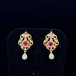 NJ Arts Gold-Plated Ethnic Floral Stud Earrings with Red Kempu Stone Yellow Gold 18kt Stud Earring image 2