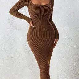 traquila Women Bodycon Brown Knee Length Dress image 4