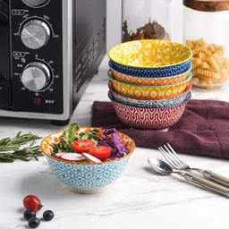 henij Ceramic Dessert Bowl Porcelain Soup Bowls, Noodle Bowl Sets for Kitchen 600ml Colorful Ceramic Bowls image 2