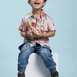 Stuffie Land Boys Peach-Coloured Smart Floral Opaque Printed Party Shirt image 5