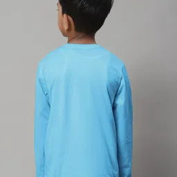 Friskers Boys Turquoise Blue Typography Printed V-Neck Applique T-shirt image 3