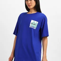 juneberry Oversized Women Printed Round Neck Pure Cotton Blue T-Shirt image 3