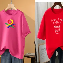 rapturous Pack of 2 Women Printed Round Neck Cotton Blend Pink, Red T-Shirt-picture-21