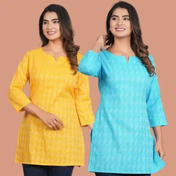 aosly Pack of 2 Casual Regular Sleeves Printed Women Yellow, Blue Top-picture-12