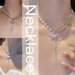 lbtk party wear Multi-Layer Butterfly Pearl Necklace Pearl, Cubic Zirconia Silver Plated Alloy Necklace-picture-12