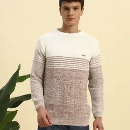 canblar Men Striped Round Neck Brown Sweater image 1