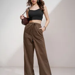 tokyo talkies Women Straight Fit Brown Pure Cotton Trousers image 3