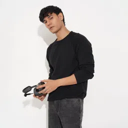 people Men Solid Round Neck Black Sweater-picture-30