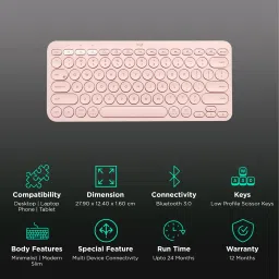 logitech K380 Bluetooth 3.0 Wireless Keyboard with Multi Device Connectivity (Low Profile Scissor Keys, Rose) image 2