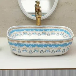 solano Premium Quality Ceramic Glossy Moroccan Art Basin For Bathrooms & Living Room MR-010 [18 x 13 x 5 ]INCH Table Top Basin image 2