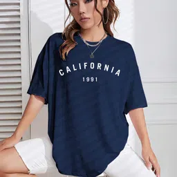 being wanted Women Printed Round Neck Pure Cotton Dark Blue T-Shirt-picture-11