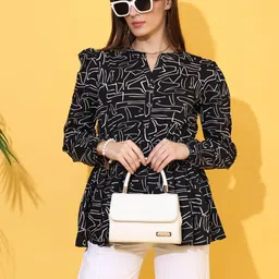 honky tonky Casual Bishop Sleeve Printed Women Black Top-picture-23