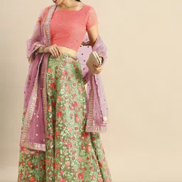 Fusionic Green & Pink Embroidered Thread Work Semi-Stitched Lehenga & Unstitched Blouse With Dupatta image 3