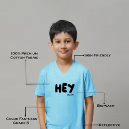 Friskers Boys Turquoise Blue Typography Printed V-Neck Applique T-shirt image 3