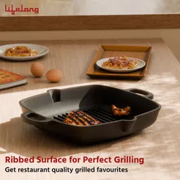 lifelong Pre-Seasoned Cast Iron Grill Pan with Wooden Spatula, Naturally Non Stick Grill Pan 26 cm diameter 2 L capacity image 3