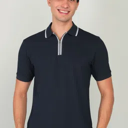 park avenue Men Solid Polo Neck Cotton Blend Dark Blue T-Shirt-picture-11