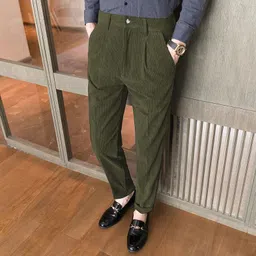 indiclub Men Regular Fit Green Corduroy Trousers image 1