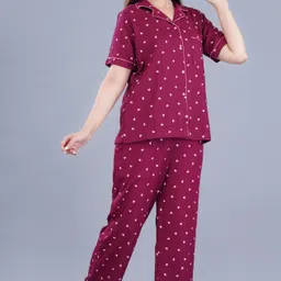 Women Shirt & Pyjama set Maroon Printed-image-79