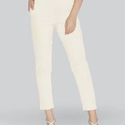 Women Slim Fit Cream Cotton Blend Trousers-image-89