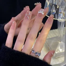 love secret Acrylic press on nails artificial extension beige color with white pearls & silver glitter with 3d bow fake nails design with kit-picture-12