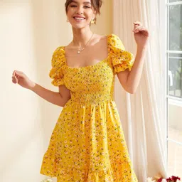 fery london Women Fit and Flare Yellow Knee Length Dress-picture-13