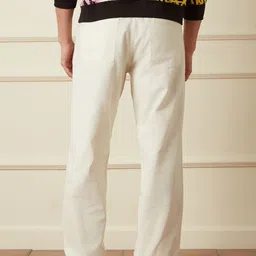 wrogn Men Loose Fit Beige Cotton Blend Trousers image 3