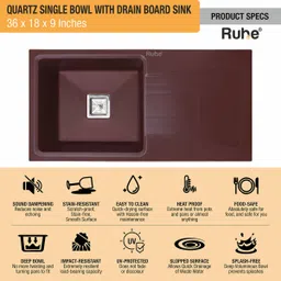 ruhe Choco Brown Quartz Single Bowl Kitchen Sink with Drain Board (36 x18 x9 Inch) Natural Choco Brown Granite Matt Finish Vessel Single Bowl With Drain Board Sink Vessel Sink image 2