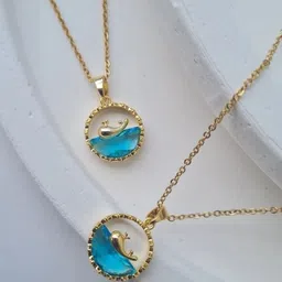 mahitex Elegant Gold Dolphin Pendant Necklace | Ocean Charm Jewelry(set of 2) Gold-plated Alloy, Crystal, Silver Locket Set-picture-34