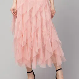 urban streetwear Women Solid Flared Pink Skirt-picture-38