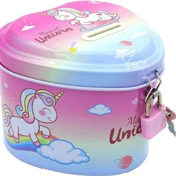 leftright Unicorn Theme Heart Shape Money Bank for Kids with Lock & Key (Pack of 1) Coin Bank image 1