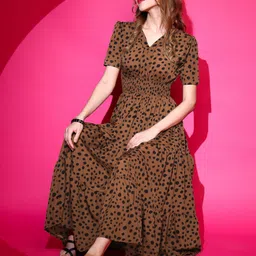 honky tonky Women Fit and Flare Brown Midi/Calf Length Dress image 2