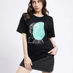 glitchez Women Printed Round Neck Pure Cotton Black T-Shirt image 5