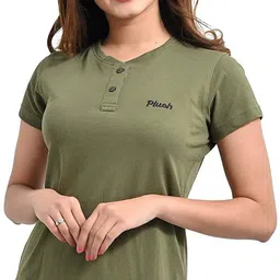 plush Women Solid Henley Neck Cotton Blend Green T-Shirt-picture-35