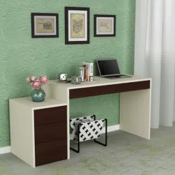 Eskada Study Desk cum Printer Table with 4 Handle Less Drawers in Ivory Coffee Walnut Colour-image-81
