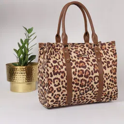 MINI WESST Beige Animal Printed Oversized Shopper Handheld Bag image 1