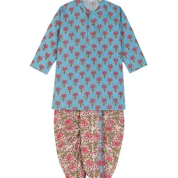 Ka-mee Girls Blue Floral Printed Pure Cotton Kurta with Dhoti Pants-image-6