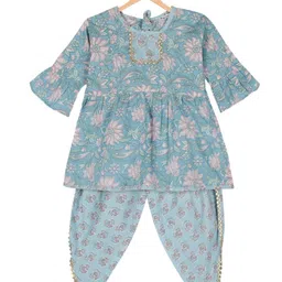 Ka-mee Girls Blue Floral Printed Pleated Pure Cotton Kurti with Dhoti Pants-picture-48