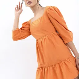 Tokyo Talkies Brown Square Neck Puff Sleeves Ruched Sheath Dress image 1