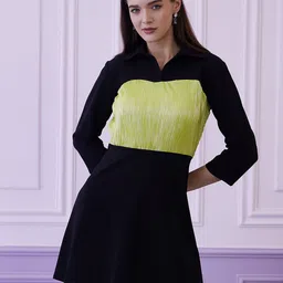Athena Black & Green Colourblocked Shirt Collar A-Line Dress-picture-42