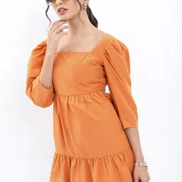 Tokyo Talkies Brown Square Neck Puff Sleeves Ruched Sheath Dress image 4