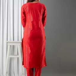 Kesarya Women Red & Gold Embroidered Cotton Straight Kurta with Trousers & With Dupatta image 4