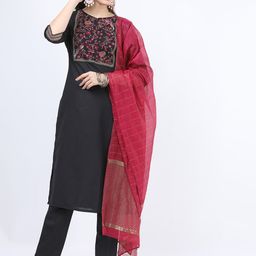 Vishudh Women Black Floral Embroidered Kurta with Trousers & With Dupatta-picture-24